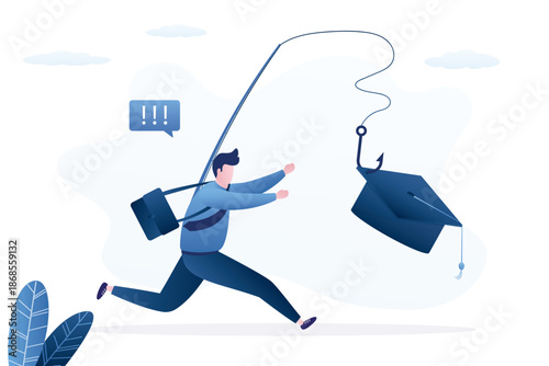 Education fraud. Student running to grab bating graduation hat. Self-deception, Poor learning or teaching, low quality of instruction, high cost of education. Lie or bait