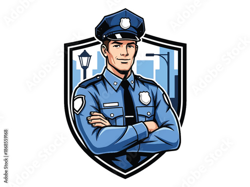Vintage pin-up style male police officer vector illustration in classic uniform, confident stance, flat solid colors, clean outlines, city background, shield logo badge, poster ready