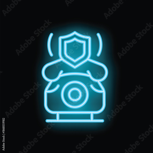 Neon sign depicting a vintage phone protected by a shield, symbolizing security and privacy in communication