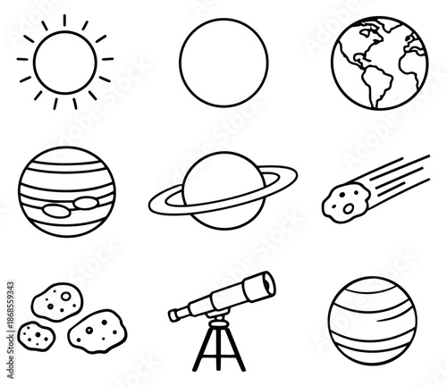 Hand drawn astronomy set featuring celestial bodies and a telescope for space exploration