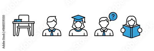 Icons depicting education and learning with diverse characters
