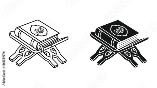 Quran on a rehal, sacred islamic book resting on a traditional stand