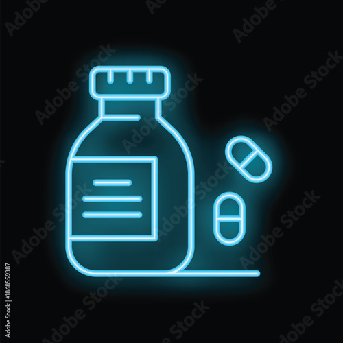 Glowing neon blue medicine bottle with pills on a black background representing healthcare and pharmaceuticals
