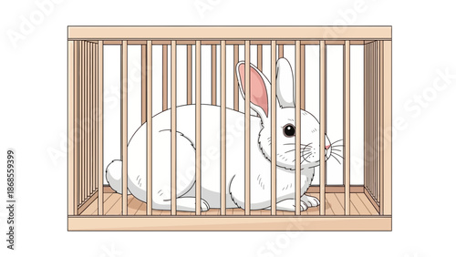 Cute white rabbit sitting in a cage isolated on a white background