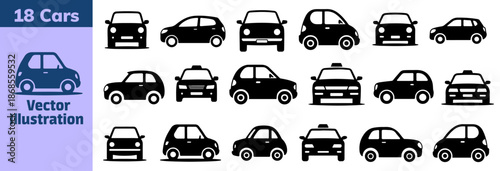 Car Vector Icon Set Collection with Multiple Automobile Views and Simple Flat Vehicle Illustrations Isolated on White Background