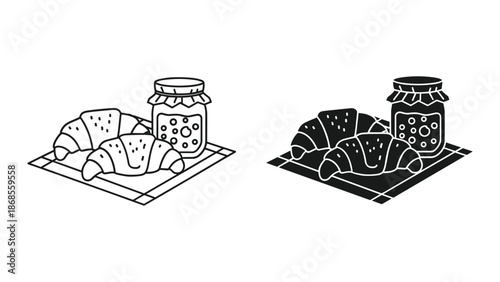 Croissants and jam on plate illustration