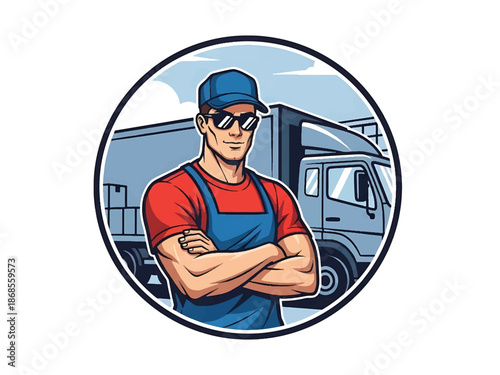 Vintage pin-up style male delivery driver vector illustration beside vintage truck at loading dock, flat colors, clean outlines, warehouse scene, logistics logo badge, poster ready