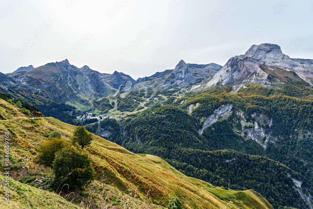 Naklejka premium Col d'Aubisque, France. Mountain pass in the French Pyrenees massif, symbol of the Tour de France in Bearn, Gourette