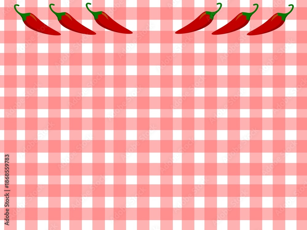 Obraz premium Gingham background with red chili pepper illustration forming a top border, cute food-themed frame design suitable for menu, recipe, flyer, or kitchen-themed layout.