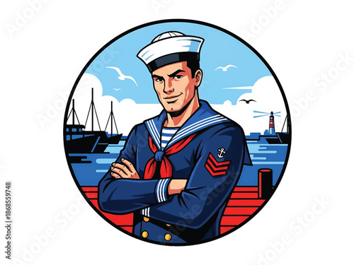 Vintage pin-up style male sailor vector illustration standing on dock in nautical outfit, flat solid colors, clean outlines, harbor ships background, anchor logo badge, poster ready