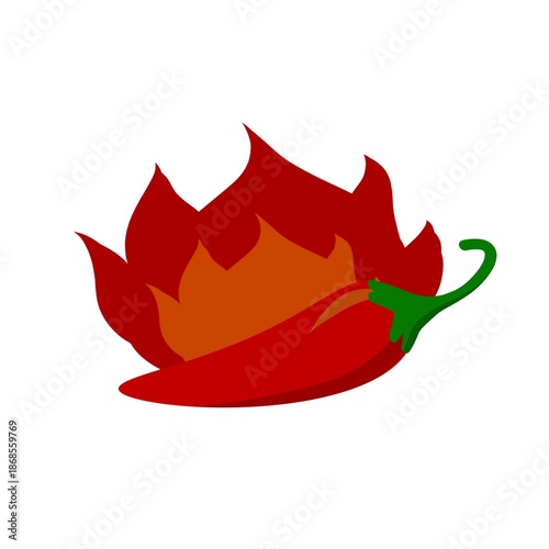 A red chili pepper surrounded by flames on a white background. Red chili pepper heat icon. Concept of spicy food, heat, and flavor. Hot chili logo images
