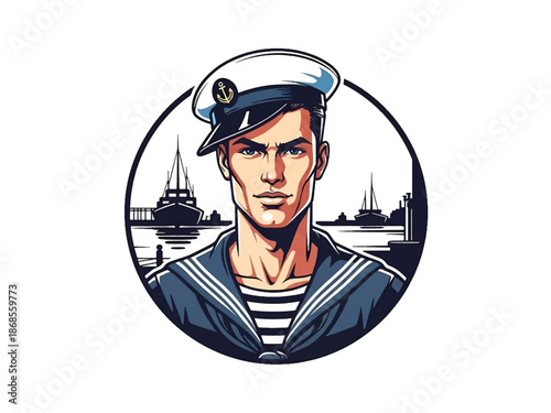 Vintage pin-up style male sailor vector illustration standing on dock in nautical outfit, flat solid colors, clean outlines, harbor ships background, anchor logo badge, poster ready