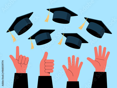 Graduation celebration with hands and caps in the air