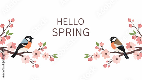 Illustration of two colorful birds perched on a blooming cherry blossom branch with 'HELLO SPRING' text on a white background.