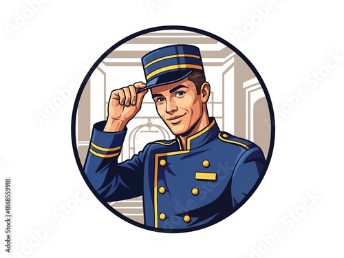 Vintage pin-up style male hotel bellhop vector illustration tipping hat in retro lobby, friendly posture, flat solid colors, clean outlines, hospitality logo badge, poster ready