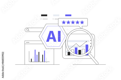 AI Analysis for SEO. Use AI tools to analyze SEO strategies and identify opportunities. Outline of AI analysis comparing SEO metrics. Flat Cartoon Vector Illustration, icon Stylish abstract design web
