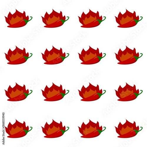 Seamless pattern with red chili peppers and fire on a white background. Flat design hot peppers. Hot chili wallpaper. Decorative background with vegetables.
