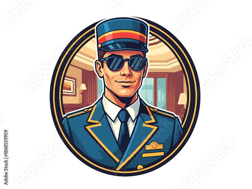 Vintage pin-up style male hotel bellhop vector illustration tipping hat in retro lobby, friendly posture, flat solid colors, clean outlines, hospitality logo badge, poster ready