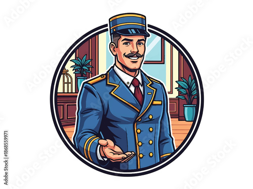 Vintage pin-up style male hotel bellhop vector illustration tipping hat in retro lobby, friendly posture, flat solid colors, clean outlines, hospitality logo badge, poster ready
