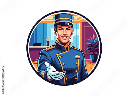 Vintage pin-up style male hotel bellhop vector illustration tipping hat in retro lobby, friendly posture, flat solid colors, clean outlines, hospitality logo badge, poster ready