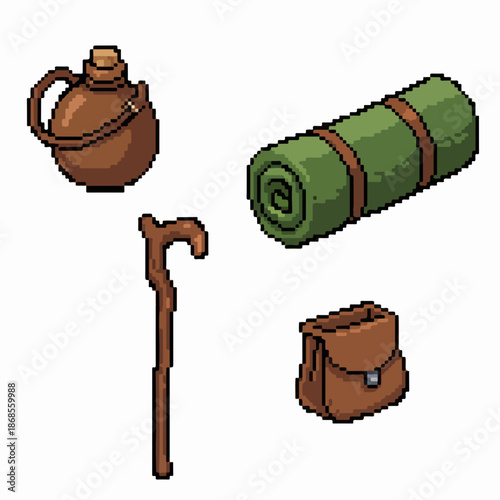 Vintage camping gear set with flask and walking stick