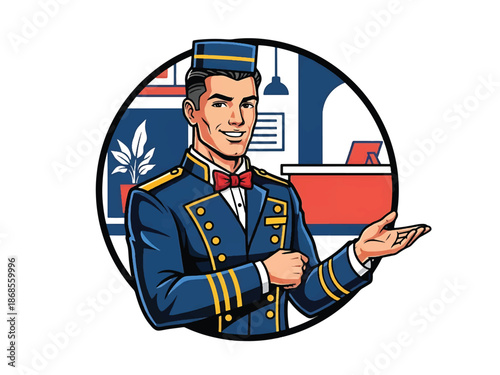 Vintage pin-up style male hotel bellhop vector illustration tipping hat in retro lobby, friendly posture, flat solid colors, clean outlines, hospitality logo badge, poster ready