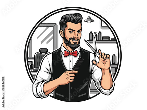 Vintage pin-up style male barber vector illustration with scissors and comb in classic barbershop, flat solid colors, clean outlines, grooming logo badge, poster ready composition