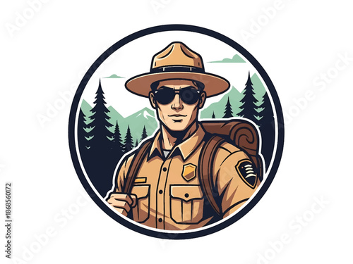 Vintage pin-up style male park ranger vector illustration in uniform, confident stance, flat solid colors, clean outlines, forest landscape background, nature logo badge, poster ready