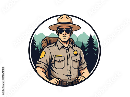 Vintage pin-up style male park ranger vector illustration in uniform, confident stance, flat solid colors, clean outlines, forest landscape background, nature logo badge, poster ready