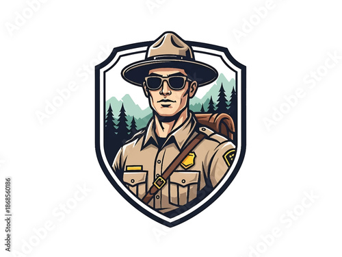 Vintage pin-up style male park ranger vector illustration in uniform, confident stance, flat solid colors, clean outlines, forest landscape background, nature logo badge, poster ready