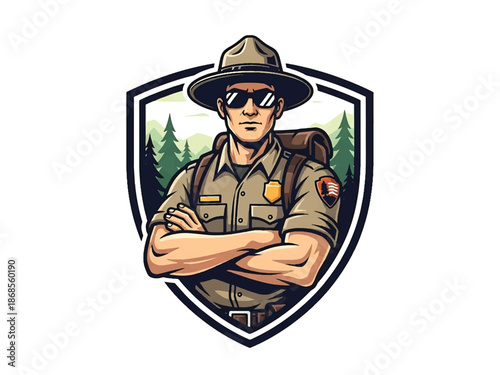 Vintage pin-up style male park ranger vector illustration in uniform, confident stance, flat solid colors, clean outlines, forest landscape background, nature logo badge, poster ready