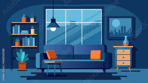 Modern living room with blue sofa Vector