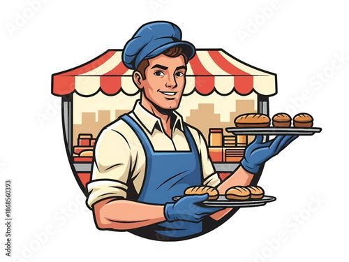 Vintage pin-up style male street vendor vector illustration serving food at market stall, friendly expression, flat solid colors, clean outlines, food cart logo badge, poster ready