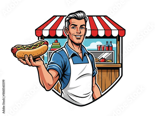 Vintage pin-up style male street vendor vector illustration serving food at market stall, friendly expression, flat solid colors, clean outlines, food cart logo badge, poster ready
