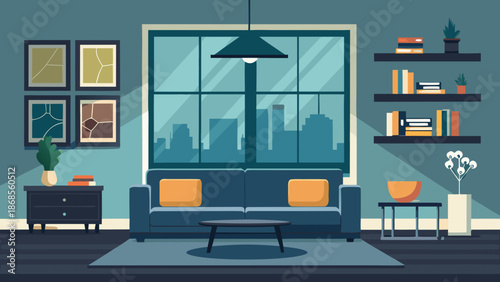 Modern living room with city view Vector