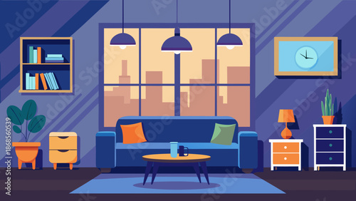 Modern living room with city view Vector