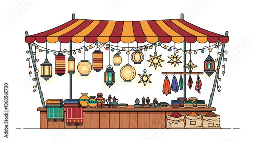 A vibrant market stall with colorful lanterns and goods on display
