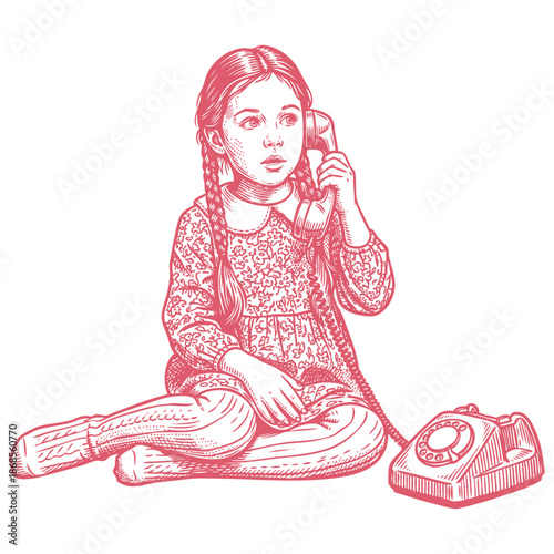 A little girl with pigtails sits on the floor and talks on a vintage rotary phone. Hand-drawn vector illustration in a retro engraving sketch style.