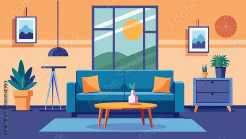 Modern living room with blue sofa and large window Vector