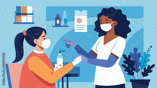 Healthcare professional assisting patient with hand sanitizer Vector