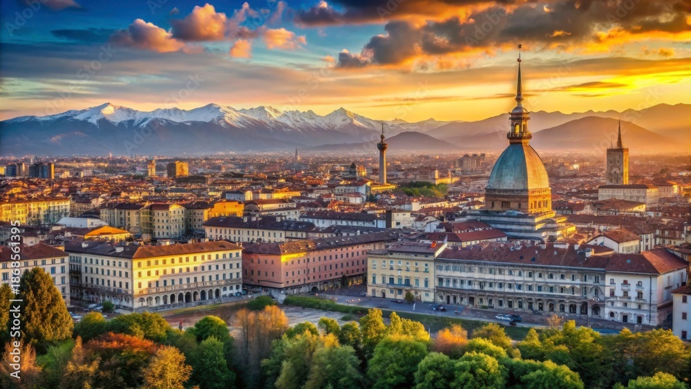 Obraz premium Vibrant Cityscape of Turin with Mountains at Sunset Overhead