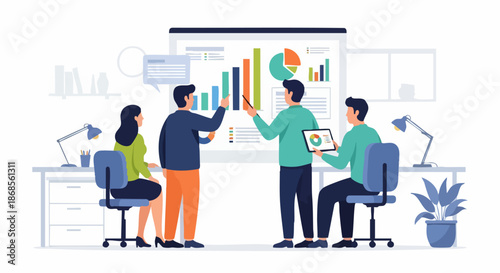 Business team discussing financial data and charts during a meeting in office.
