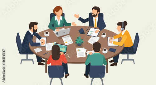 Business team meeting around a conference table discussing strategies and plans.