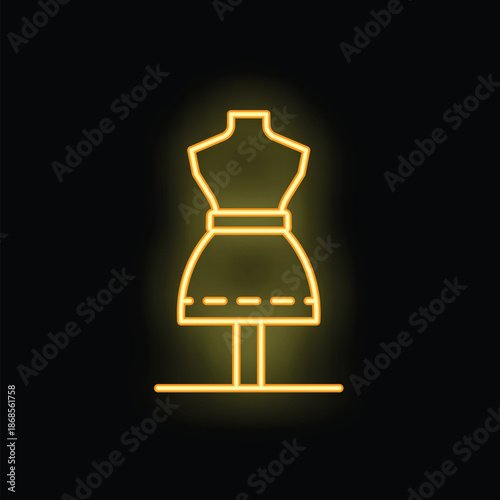 Glowing yellow neon sign of a dress form with a skirt on a black background
