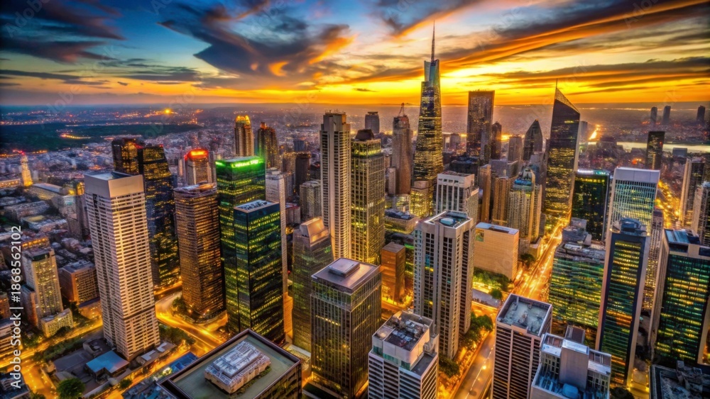Obraz premium Breathtaking City Skyline at Sunset with Vibrant Colors and Lights