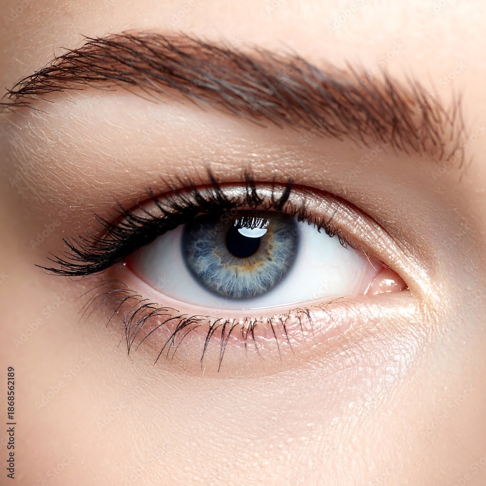 Fototapeta premium Close-up view of a captivating blue eye with defined lashes and a meticulously shaped eyebrow