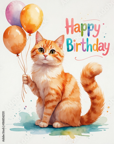 Cheerful orange cat holds colorful balloons to celebrate a special birthday moment with joy and charm