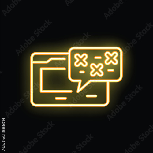 Yellow glowing neon icon of a website receiving a spam email message with three x marks