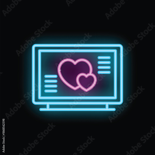 Glowing blue neon computer screen displaying two pink hearts, symbolizing the concept of online dating
