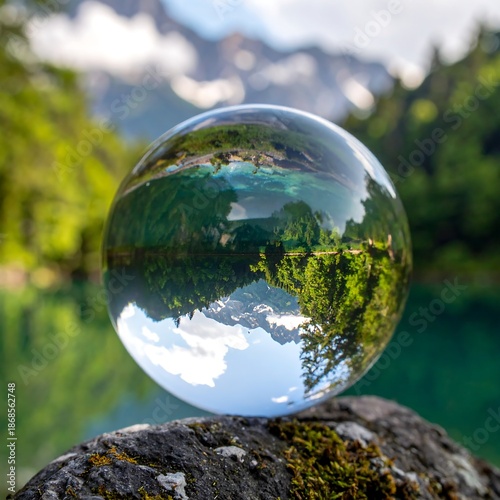 A crystal ball captures the serene beauty of a mountain lake, inverting the landscape within its transparent sphere